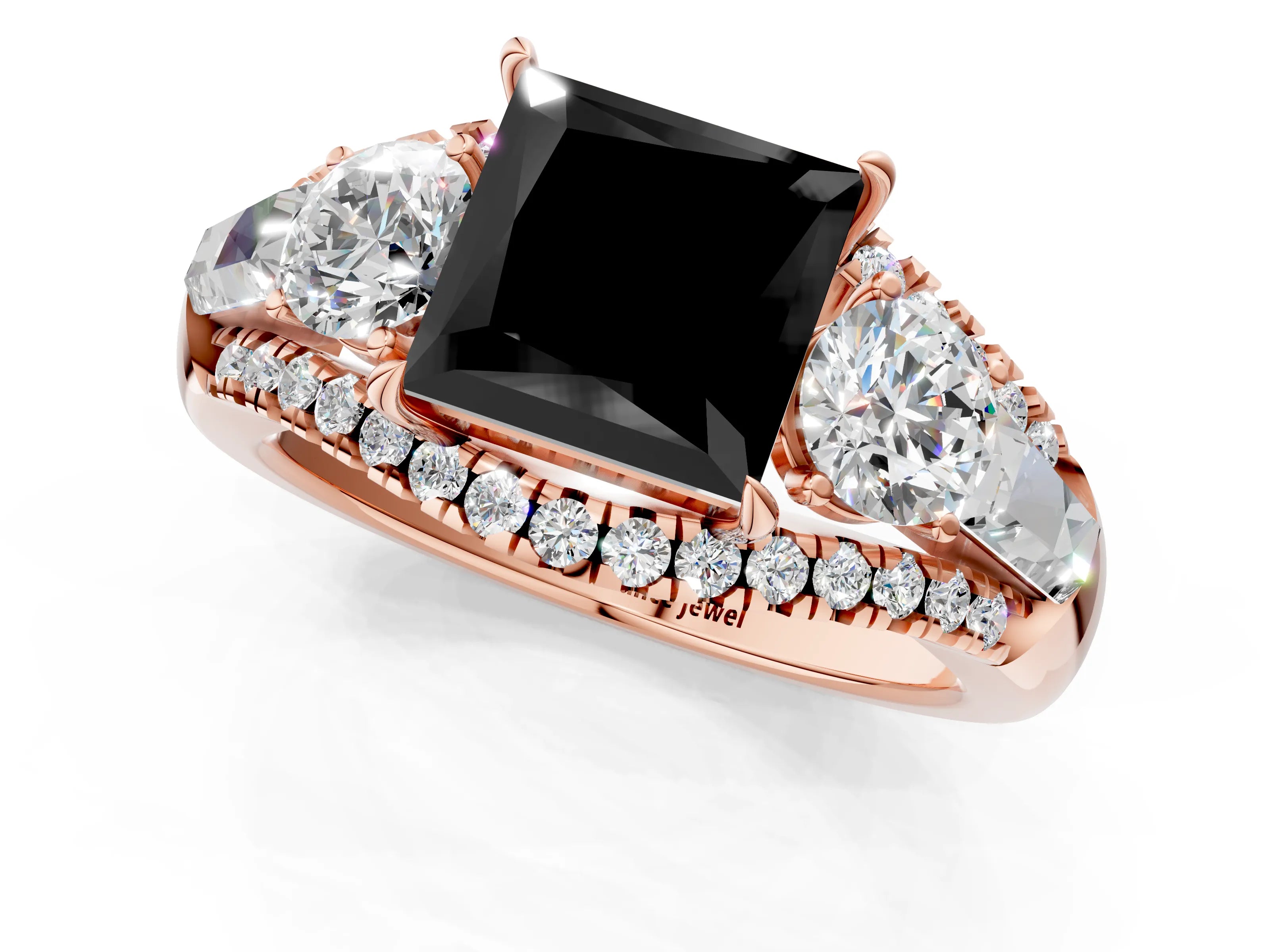 Rose gold Three-Stone Fancy Black Princess Cut Diamond Engagement Ring with Pave Band and Prong Setting_1