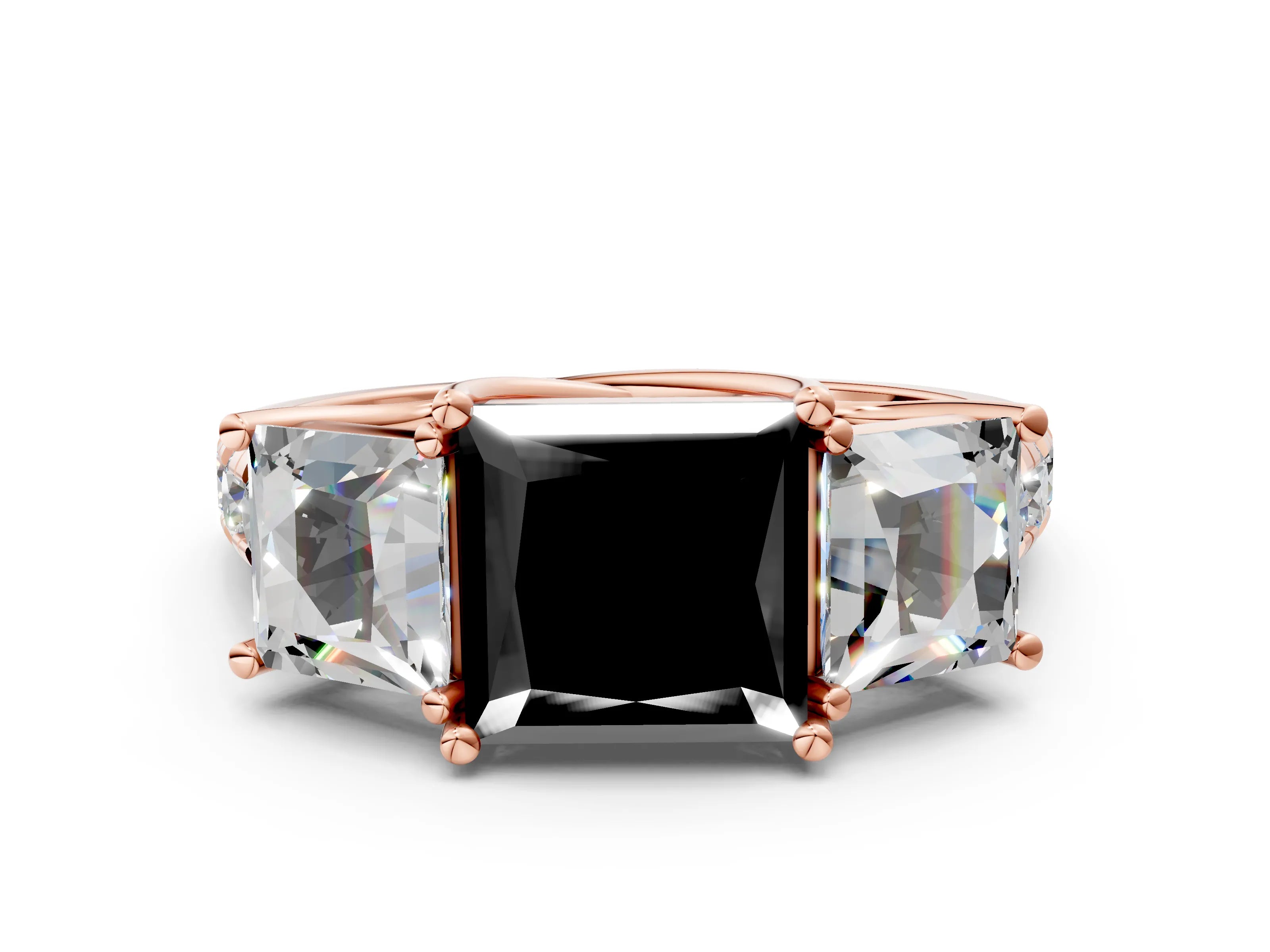 Rose gold Three-Stone Fancy Black Princess Cut Diamond Pavé Band with Prong Setting