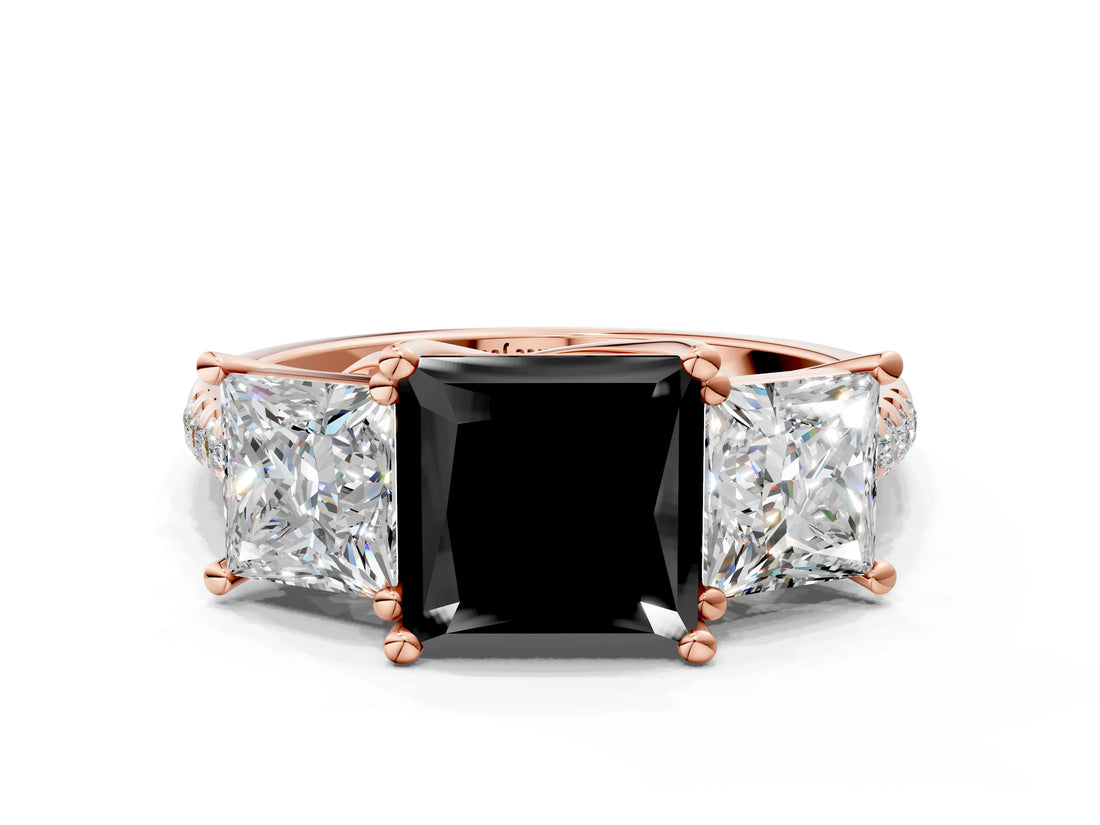 Rose gold Three-Stone Fancy Black Princess Cut Diamond Ring with Pavé Band and Prong Setting_24