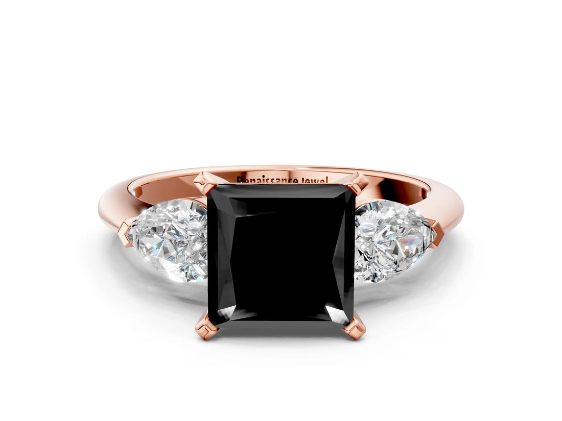 Rose gold Three-Stone Fancy Black Princess Cut Diamond Ring with Pear Side Stones and Four-Prong Setting