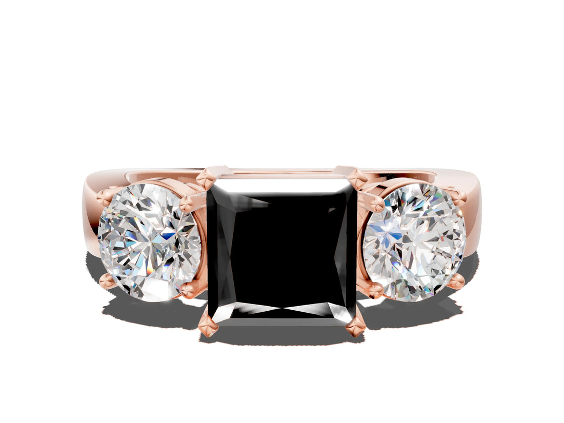 Rose gold Three-Stone Fancy Black Princess Cut Diamond Ring with Round Side Stones, Classic Band, and Four-Prong Setting