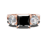 Rose gold Three-Stone Fancy Black Princess Cut Diamond Ring with Round Side Stones, Classic Band, and Four-Prong Setting