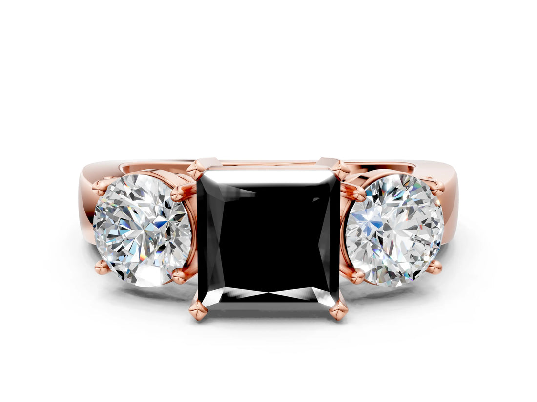 Rose gold Three-Stone Fancy Black Princess Cut Diamond Ring with Round Side Stones, Classic Band, and Four-Prong Setting_12