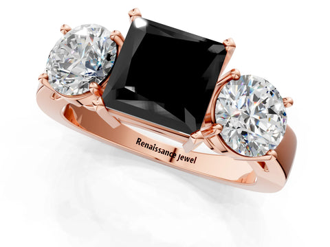 Rose gold Three-Stone Fancy Black Princess Cut Diamond Ring with Round Side Stones, Classic Band, and Four-Prong Setting_13