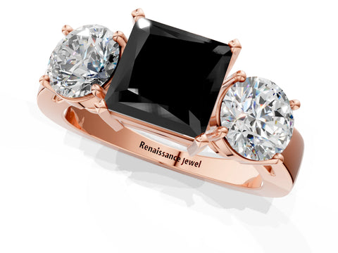 Rose gold Three-Stone Fancy Black Princess Cut Diamond Ring with Round Side Stones, Classic Band, and Four-Prong Setting_1