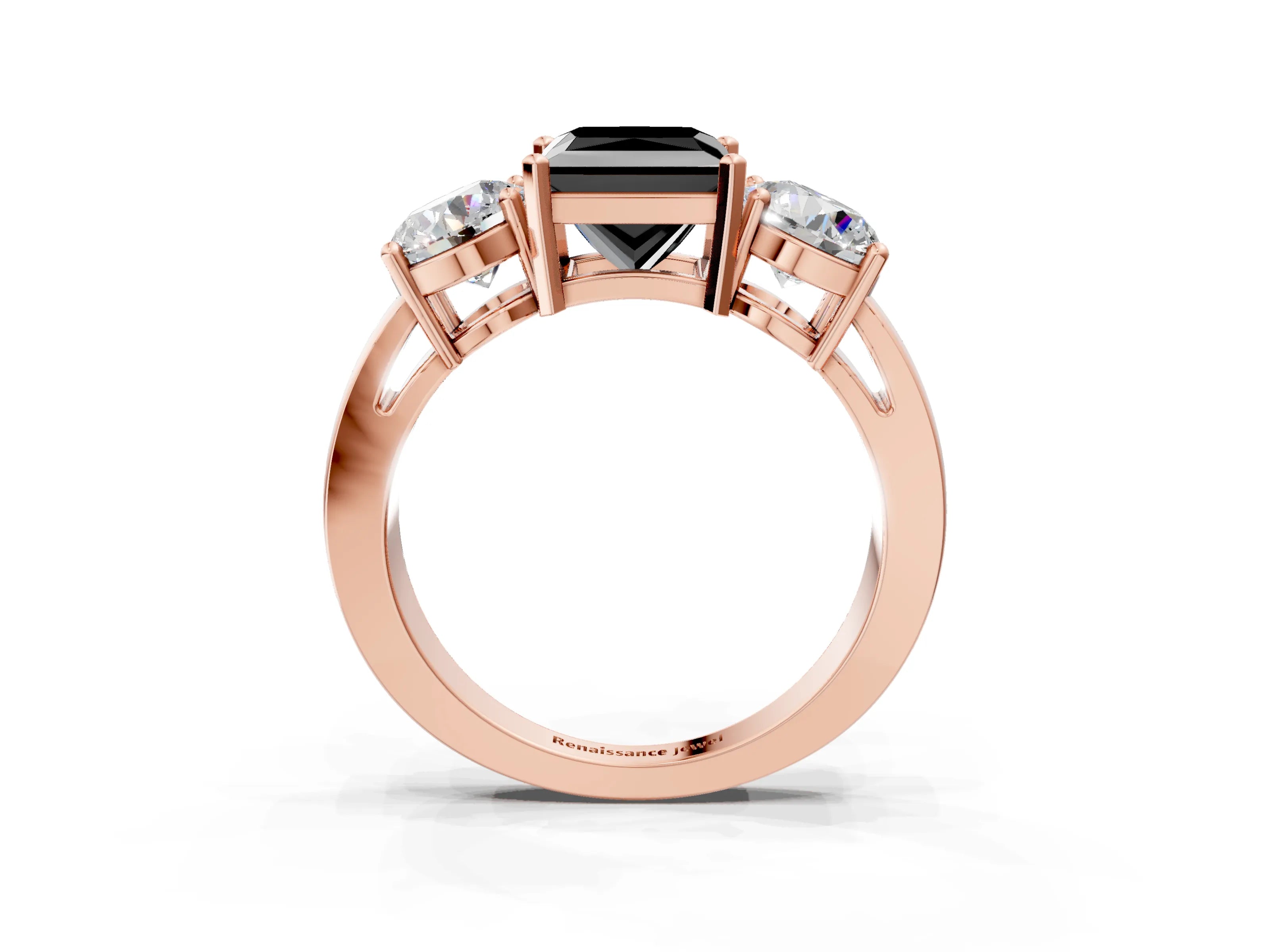 Rose gold Three-Stone Fancy Black Princess Cut Diamond Ring with Round Side Stones, Classic Band, and Four-Prong Setting_3