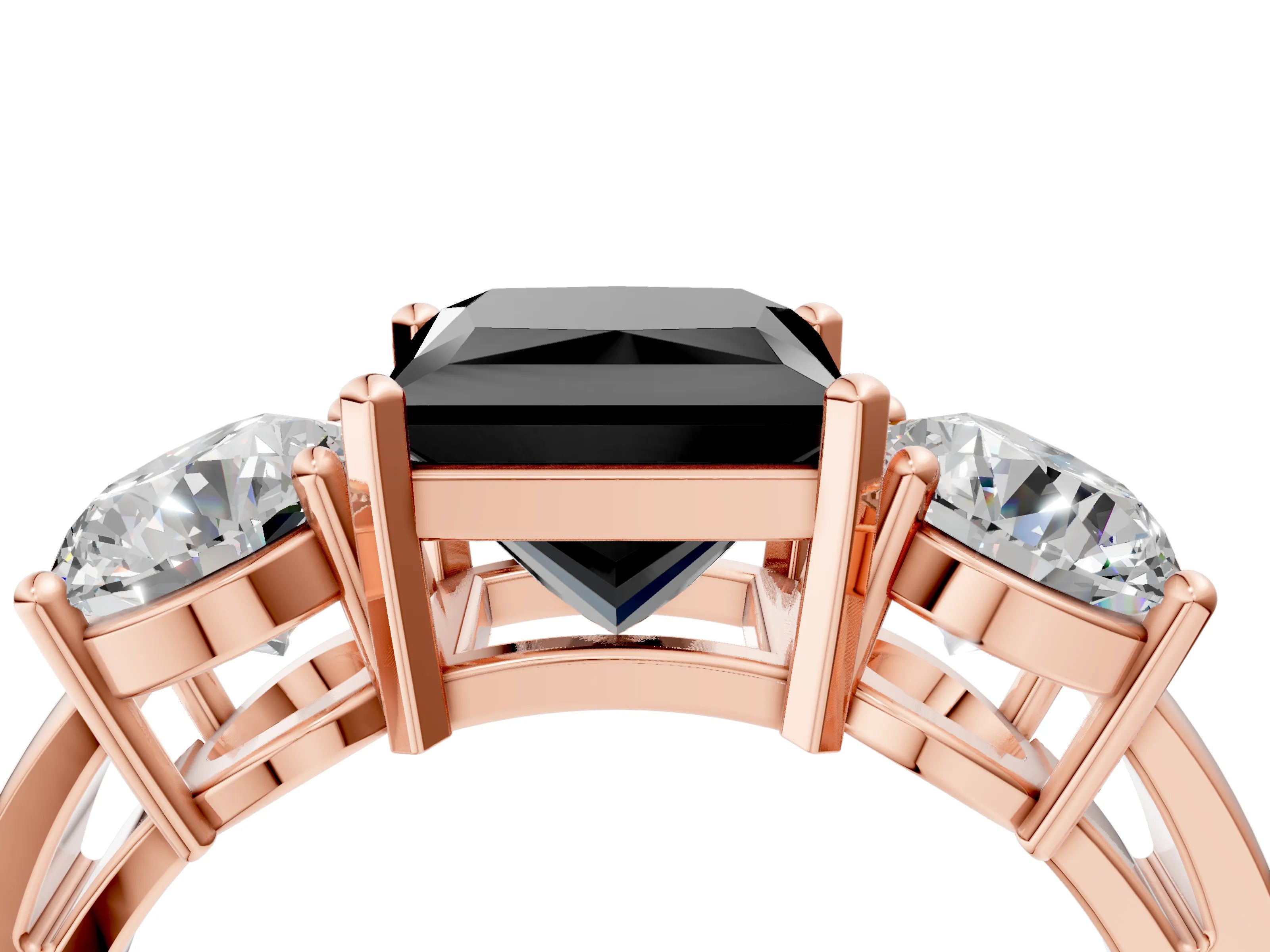 Rose gold Three-Stone Fancy Black Princess Cut Diamond Ring with Round Side Stones, Classic Band, and Four-Prong Setting_4