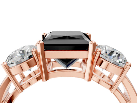 Rose gold Three-Stone Fancy Black Princess Cut Diamond Ring with Round Side Stones, Classic Band, and Four-Prong Setting_4