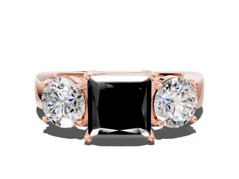 Rose gold Three-Stone Fancy Black Princess Cut Diamond Ring with Round Side Stones, Classic Band, and Four-Prong Setting