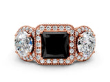 Rose gold Three-Stone Fancy Black Princess Cut Halo Diamond Milgrain Band with Four-Prong Setting