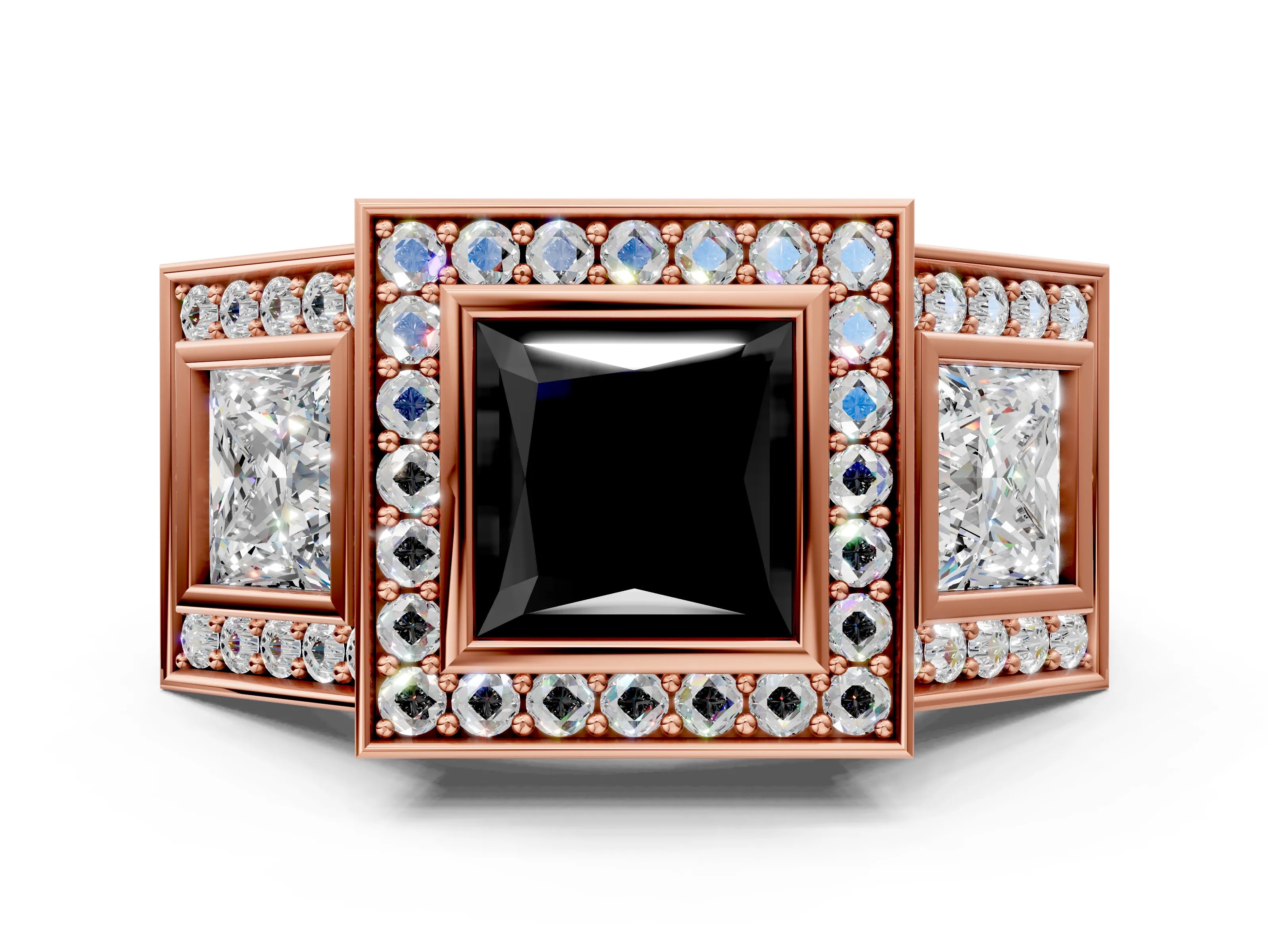 Rose gold Three-Stone Fancy Black Princess Cut Halo Pavé Diamond Ring_12