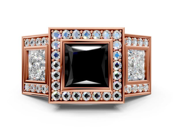 Rose gold Three-Stone Fancy Black Princess Cut Halo Pavé Diamond Ring