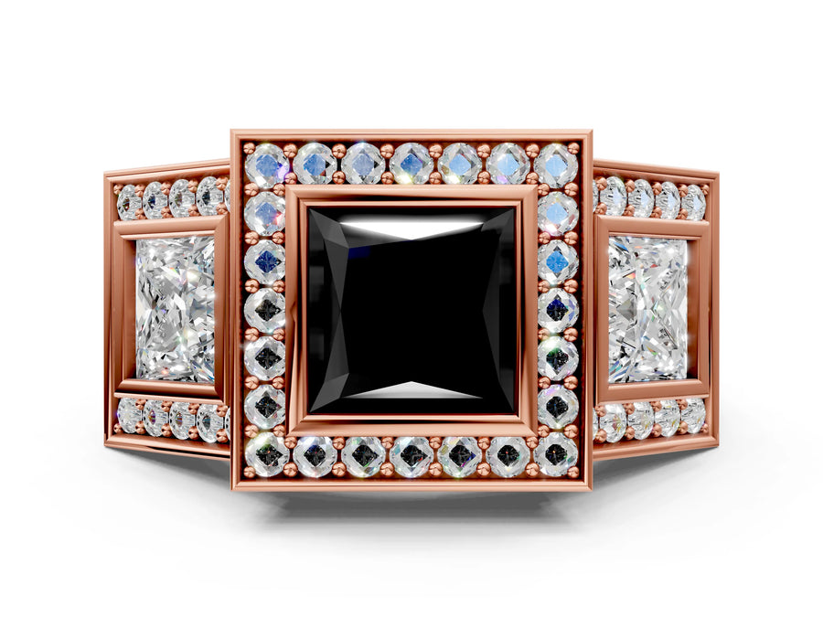 Rose gold Three-Stone Fancy Black Princess Cut Halo Pavé Diamond Ring