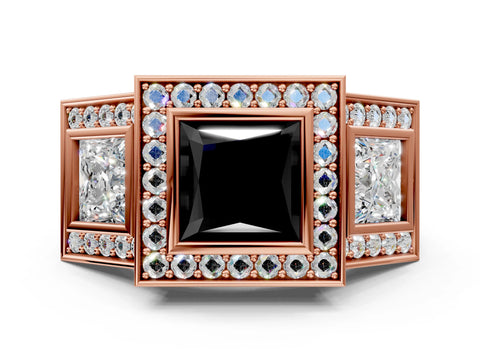 Rose gold Three-Stone Fancy Black Princess Cut Halo Pavé Diamond Ring_12