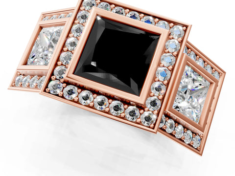 Rose gold Three-Stone Fancy Black Princess Cut Halo Pavé Diamond Ring_13