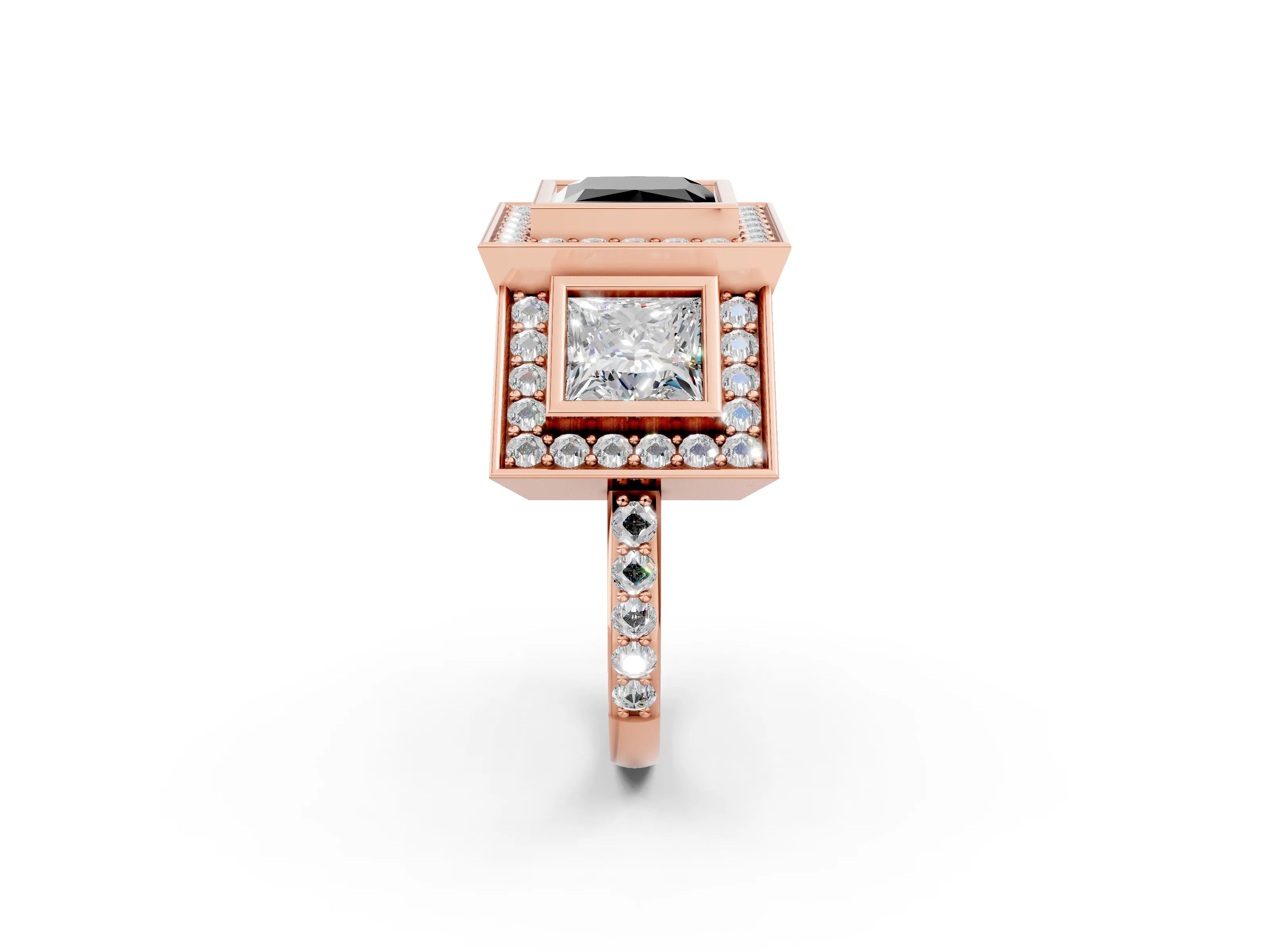 Rose gold Three-Stone Fancy Black Princess Cut Halo Pavé Diamond Ring_14
