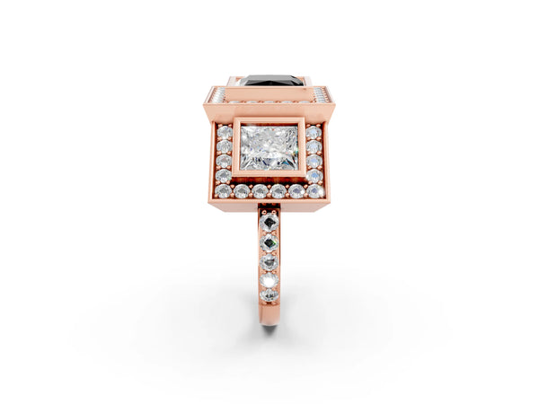 Rose gold Three-Stone Fancy Black Princess Cut Halo Pavé Diamond Ring
