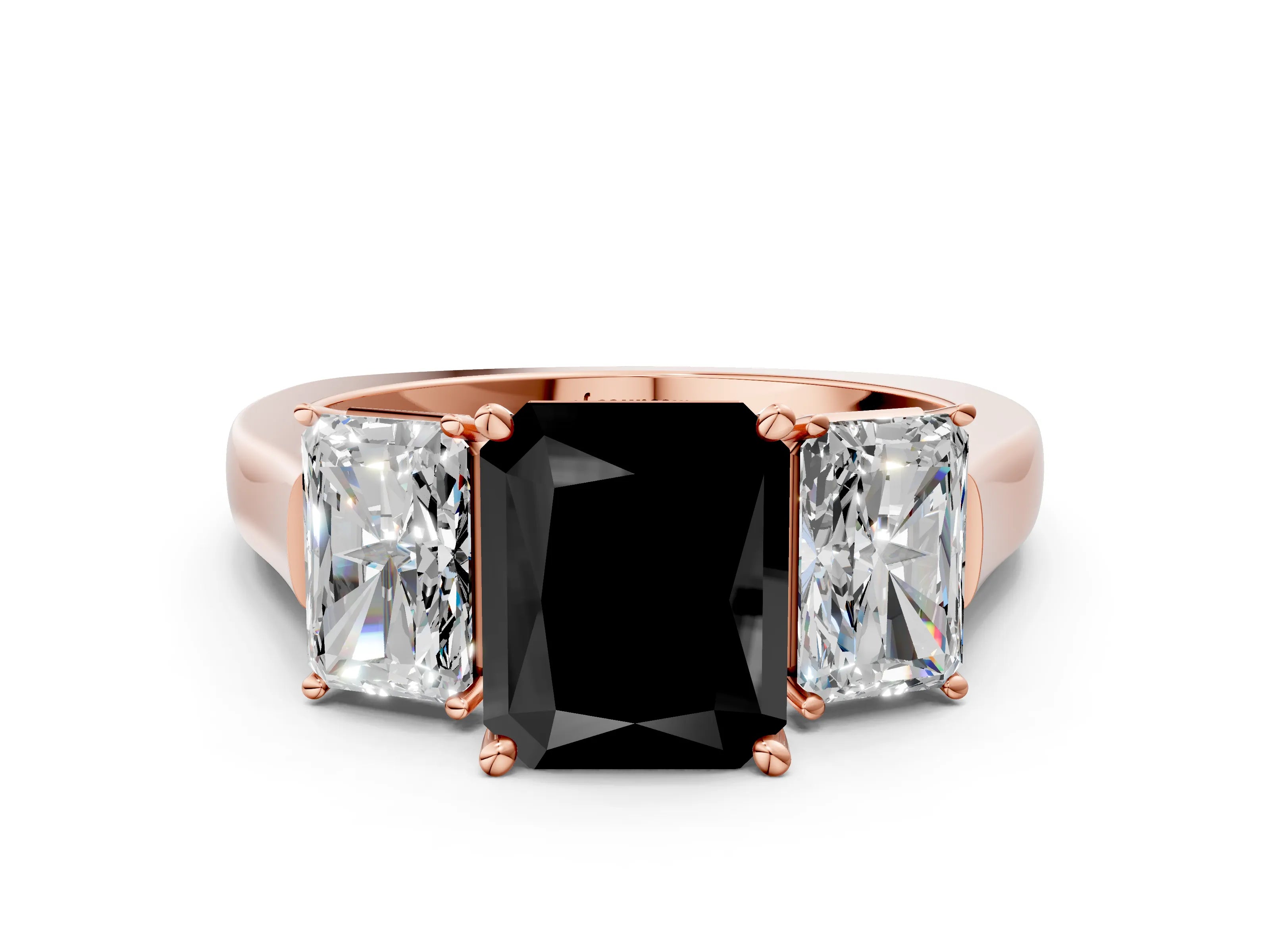 Rose gold Three-Stone Fancy Black Radiant Cut Brilliant Diamond Trellis Ring with Comfort Fit Band