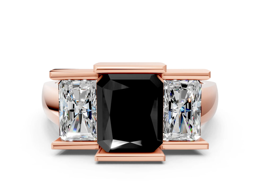 Rose gold Three Stone Fancy Black Radiant Cut Cut Channel Set Diamond Ring