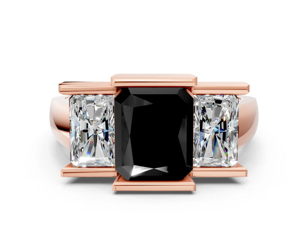 Rose Gold Radiant Cut Channel Set Three Stone Engagement Ring Setting for Black Center