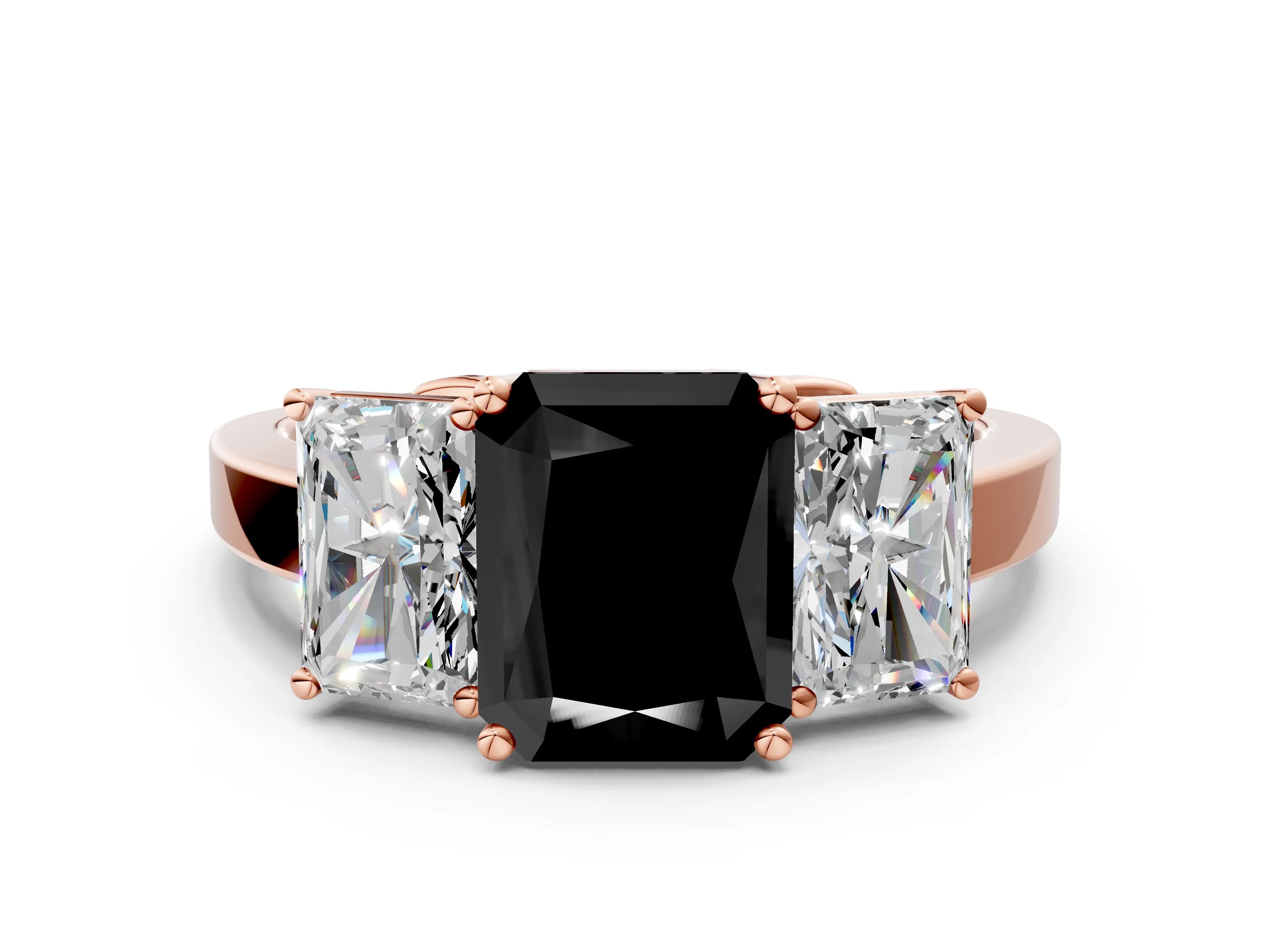 Rose gold Three-Stone Fancy Black Radiant Cut Cut Diamond Engagement Ring with Flat Band and Four-Prong Setting