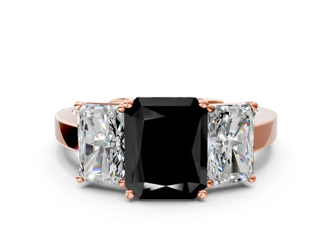 Rose gold Three-Stone Fancy Black Radiant Cut Cut Diamond Engagement Ring with Flat Band and Four-Prong Setting