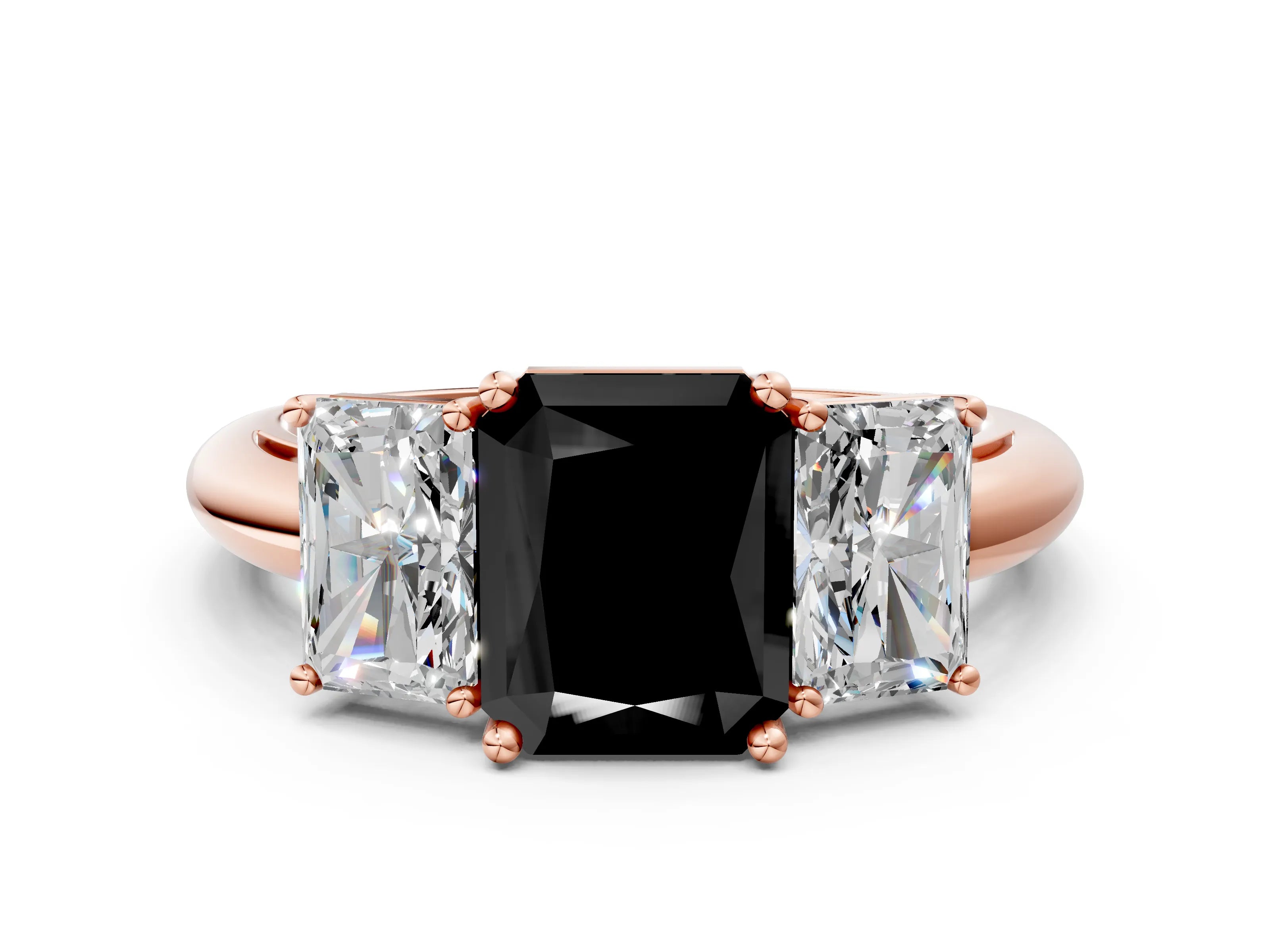 Rose gold Three-Stone Fancy Black Radiant Cut Cut Diamond Engagement Ring with Prong Setting on a White Gold Band