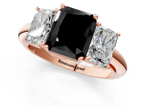 Rose gold Three-Stone Fancy Black Radiant Cut Cut Diamond Engagement Ring with Prong Setting on a White Gold Band_1