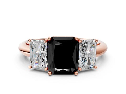 Rose gold Three-Stone Fancy Black Radiant Cut Cut Diamond Engagement Ring with Prong Setting on a White Gold Band