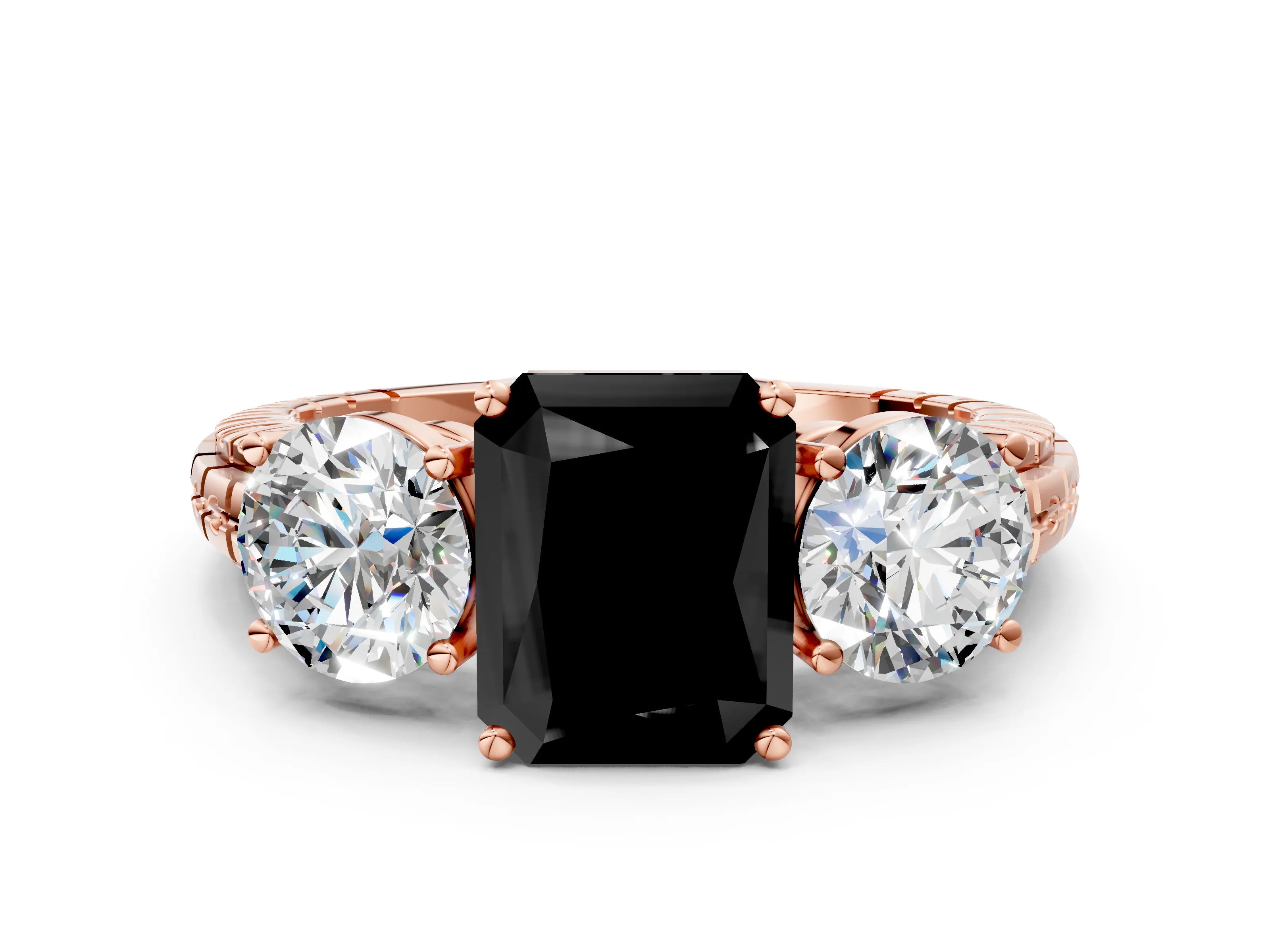 Rose gold Three-Stone Fancy Black Radiant Cut Cut Diamond Ring with Channel-Set Band and Prong Setting