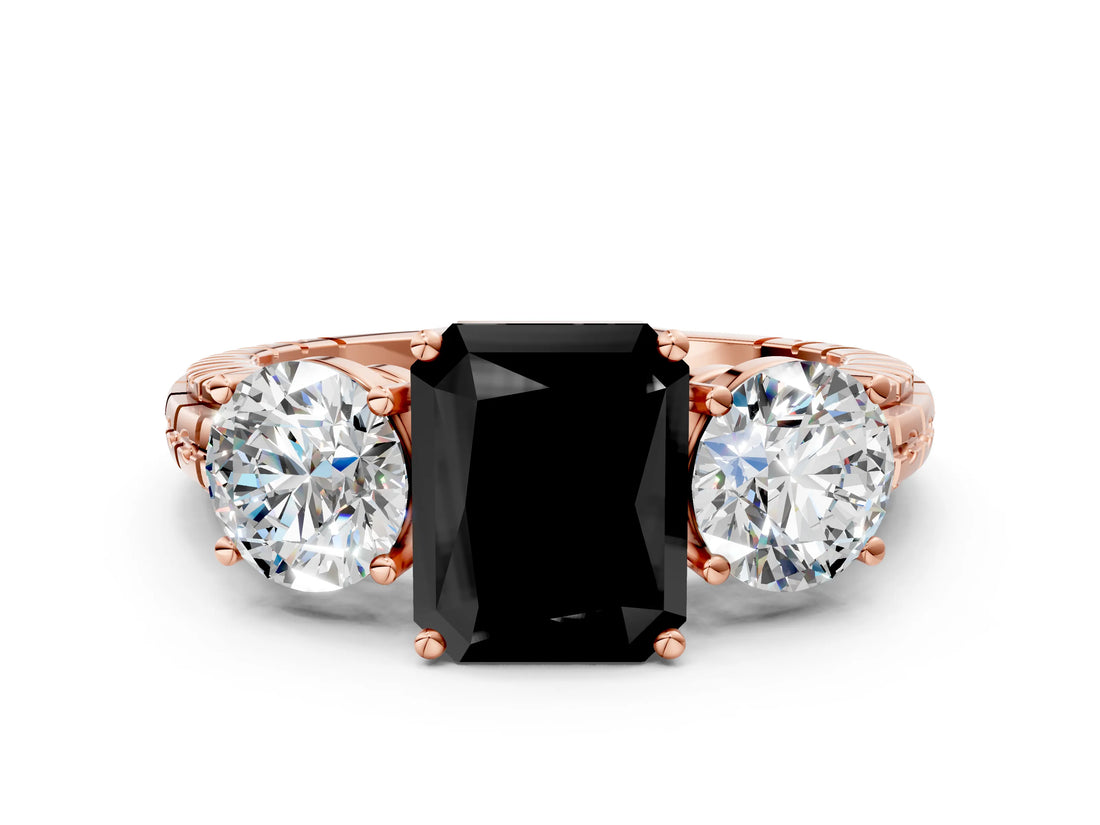 Rose gold Three-Stone Fancy Black Radiant Cut Cut Diamond Ring with Channel-Set Band and Prong Setting