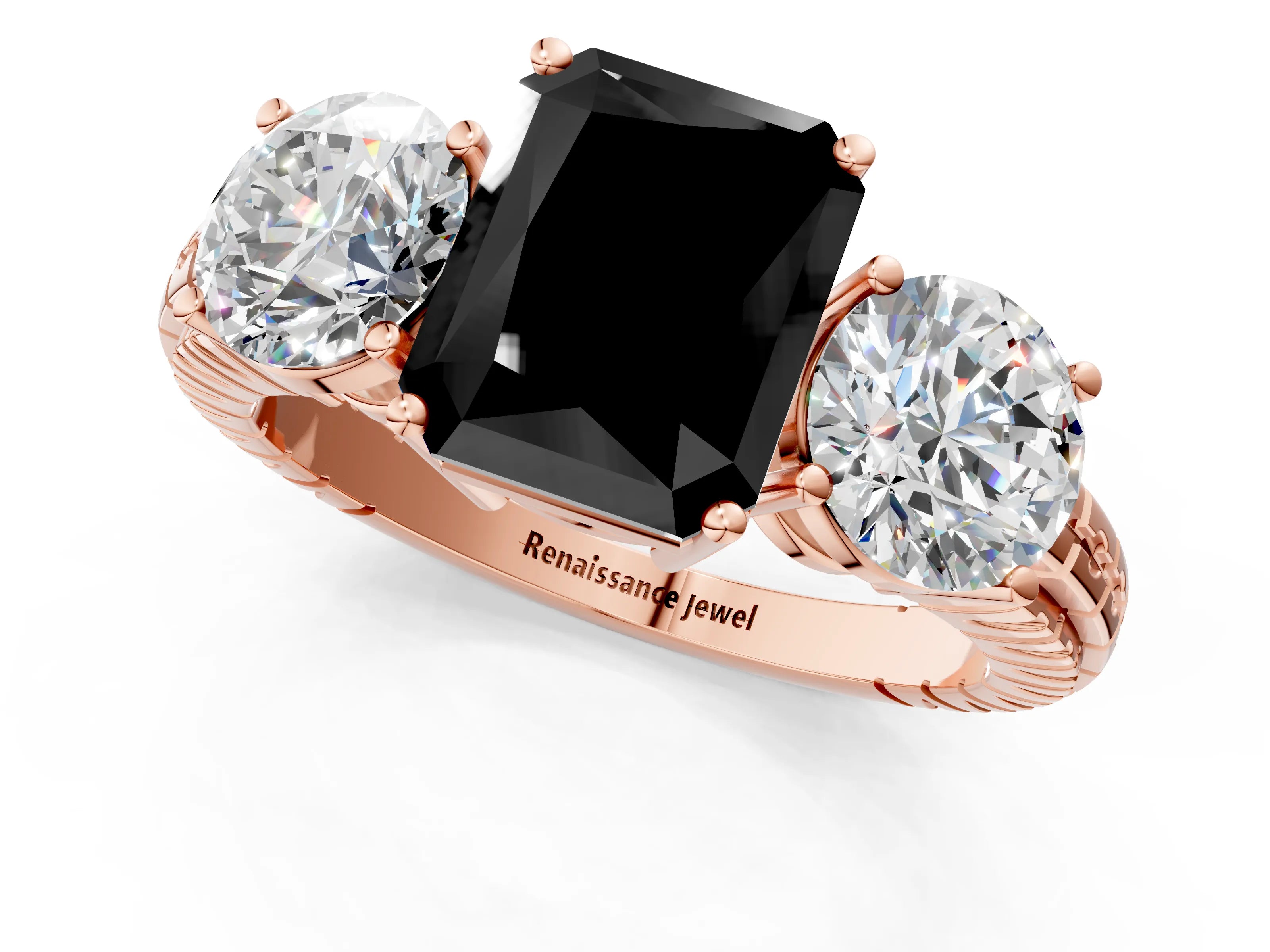 Rose gold Three-Stone Fancy Black Radiant Cut Cut Diamond Ring with Channel-Set Band and Prong Setting_1