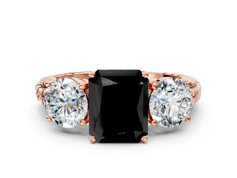 Rose gold Three-Stone Fancy Black Radiant Cut Cut Diamond Ring with Channel-Set Band and Prong Setting