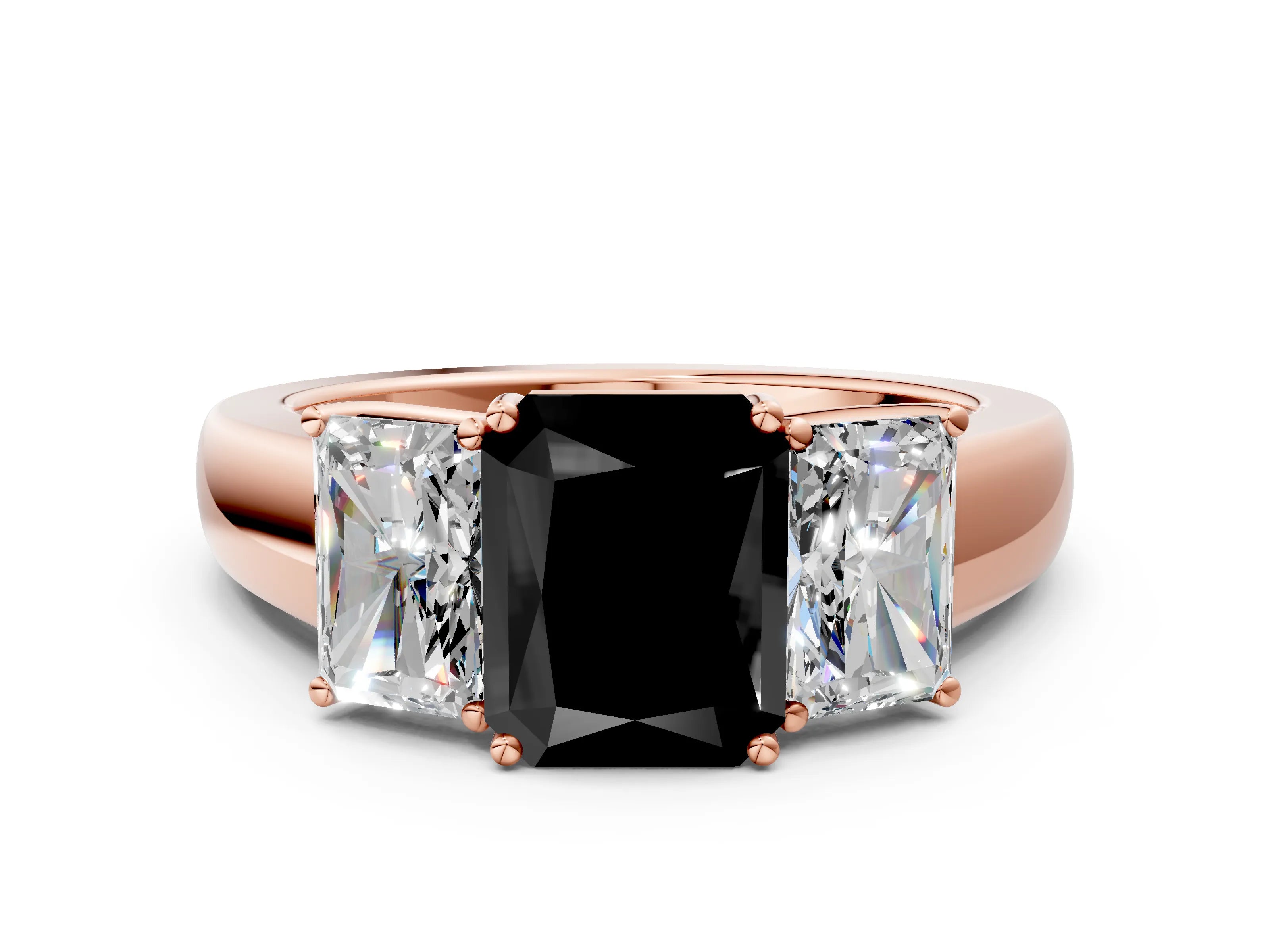 Rose gold Three-Stone Fancy Black Radiant Cut Cut Diamond Ring with Prong Setting and Classic Band