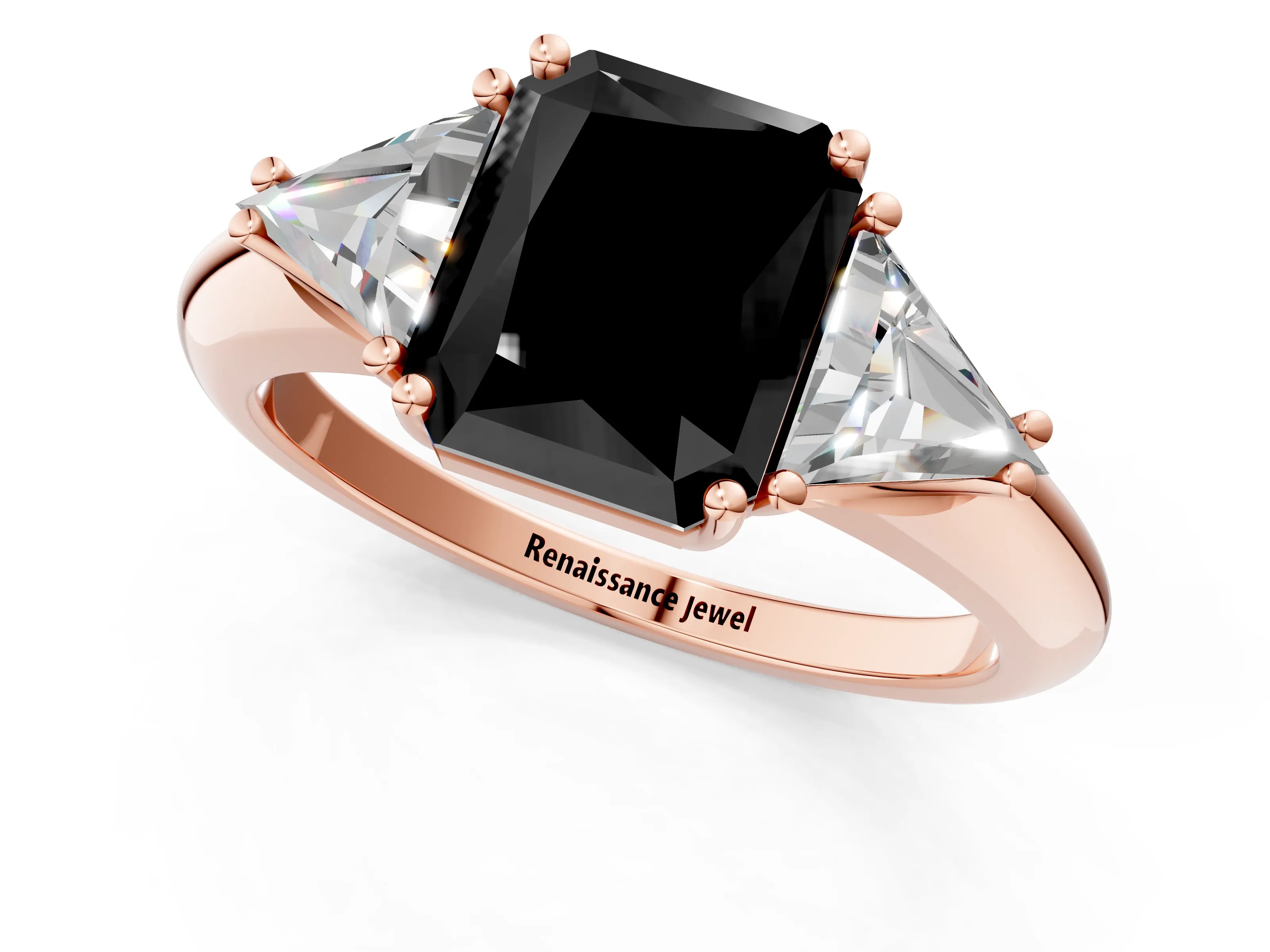 Rose gold Three-Stone Fancy Black Radiant Cut Cut Diamond Ring with Trillion Side Stones and Four-Prong Setting_4