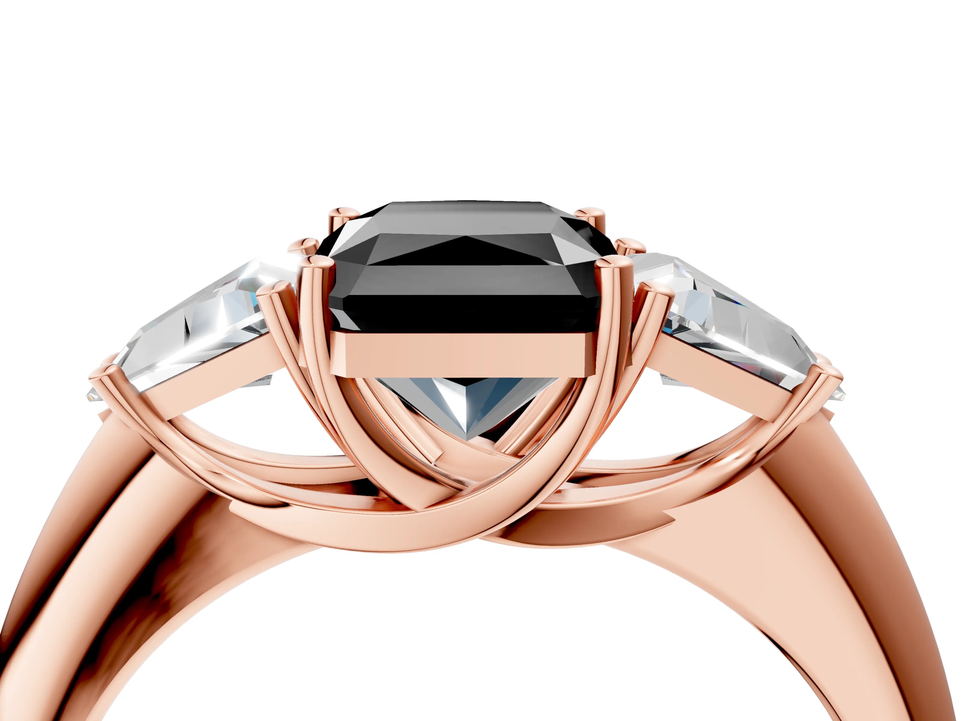 Rose gold Three-Stone Fancy Black Radiant Cut Cut Diamond Ring with Trillion Side Stones and Four-Prong Setting_7
