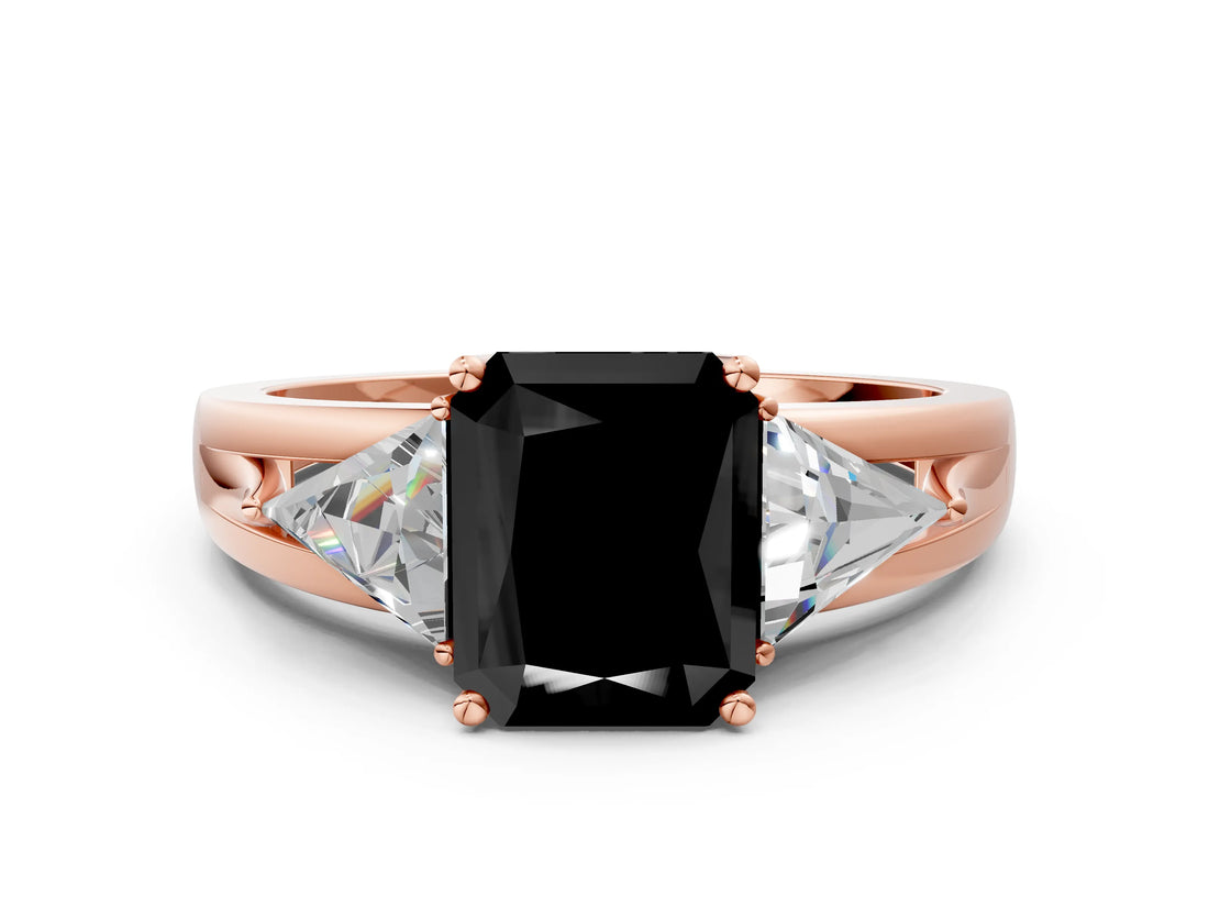 Rose gold Three-Stone Fancy Black Radiant Cut Cut Diamond Ring with Trillion Side Stones on a Split Shank Band