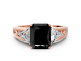 Rose gold Three-Stone Fancy Black Radiant Cut Cut Diamond Ring with Trillion Side Stones on a Split Shank Band