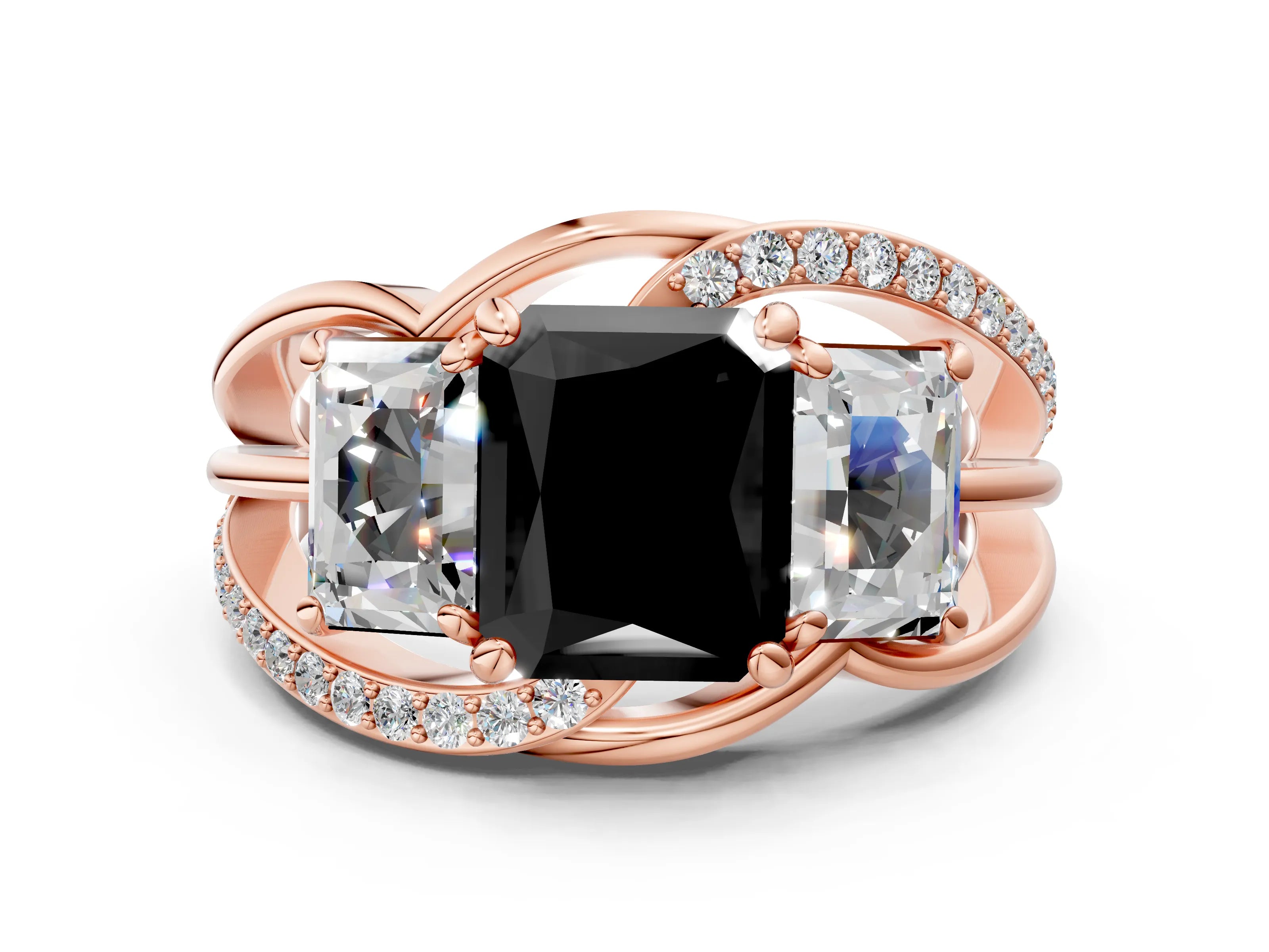 Rose gold Three-Stone Fancy Black Radiant Cut Cut Diamond Split Shank Prong Set Ring