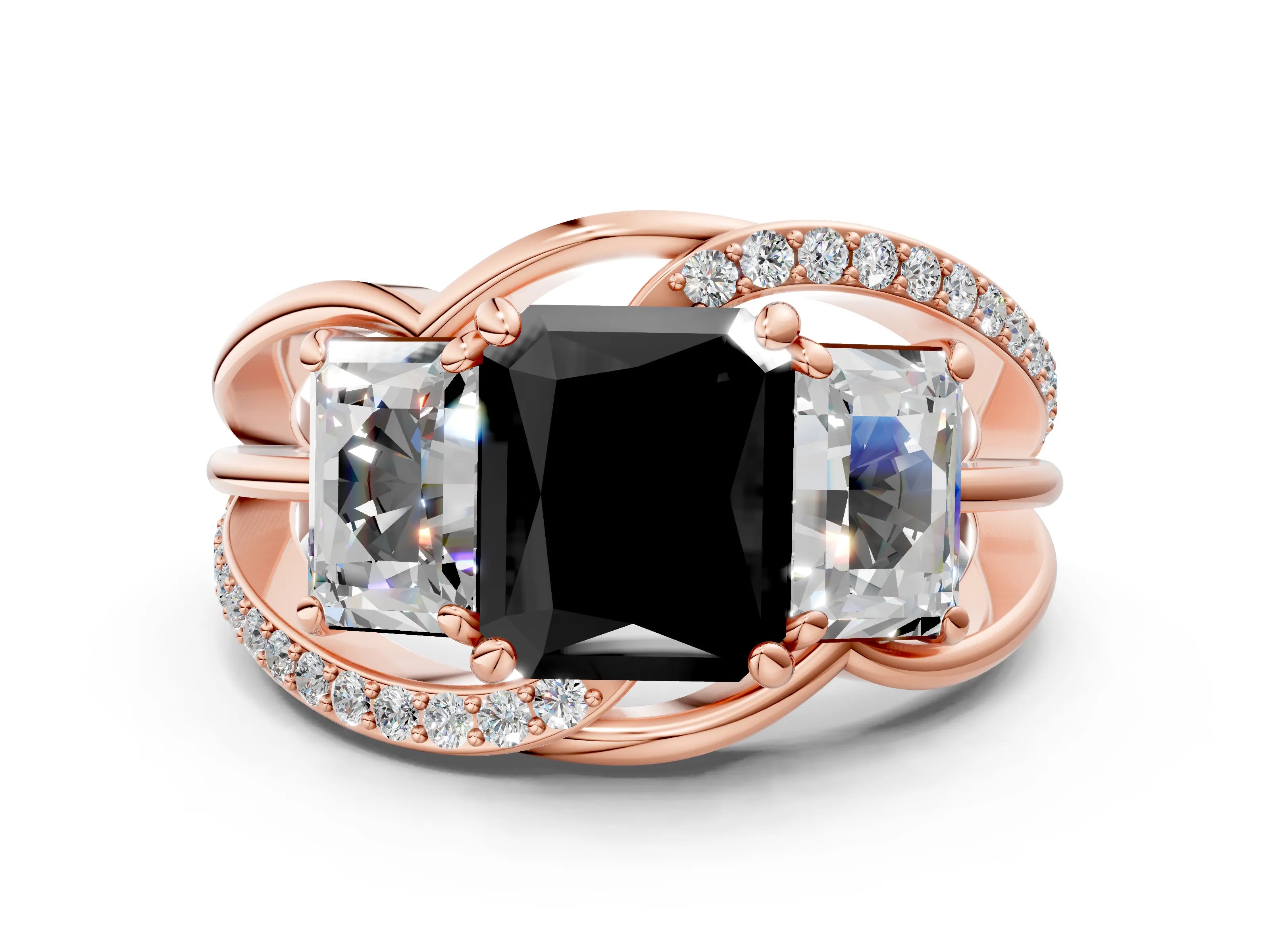 Rose gold Three-Stone Fancy Black Radiant Cut Cut Diamond Split Shank Prong Set Ring_12