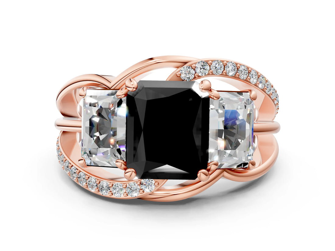 Rose gold Three-Stone Fancy Black Radiant Cut Cut Diamond Split Shank Prong Set Ring_12