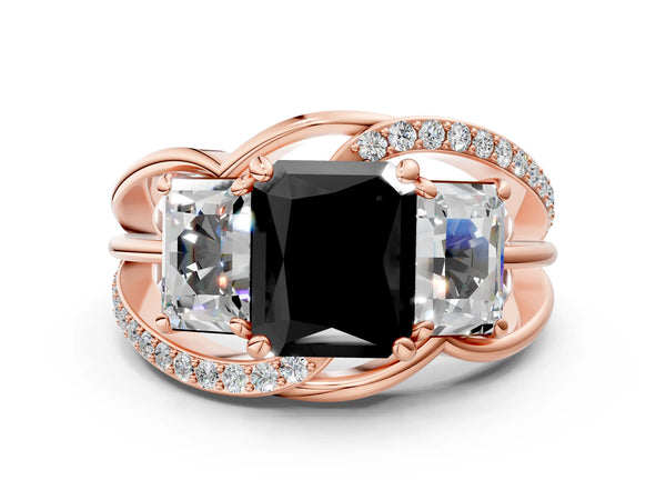 Rose Gold Radiant Cut Three Stone Split Shank Engagement Ring Setting for Black Center