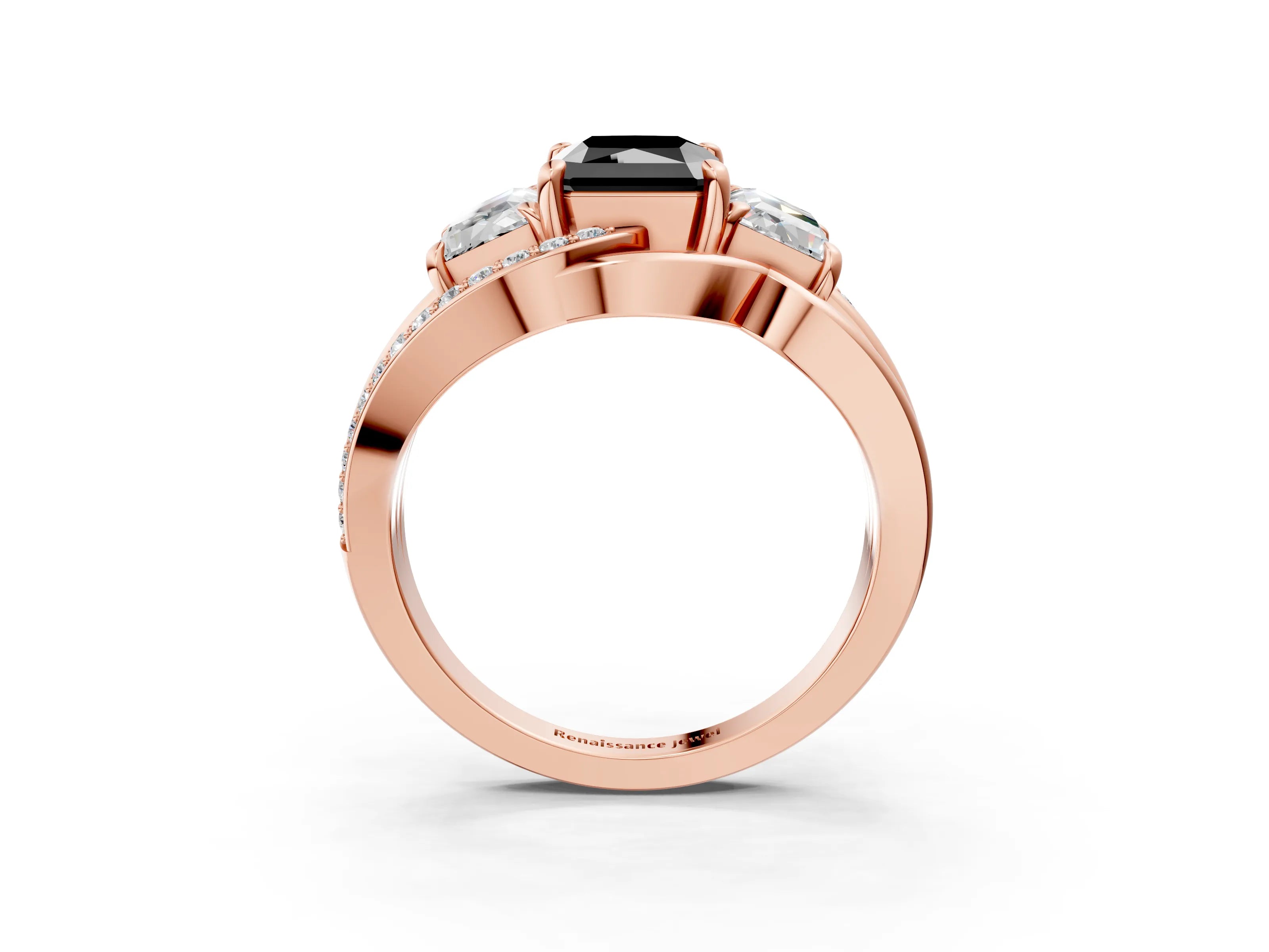 Rose gold Three-Stone Fancy Black Radiant Cut Cut Diamond Split Shank Prong Set Ring_15