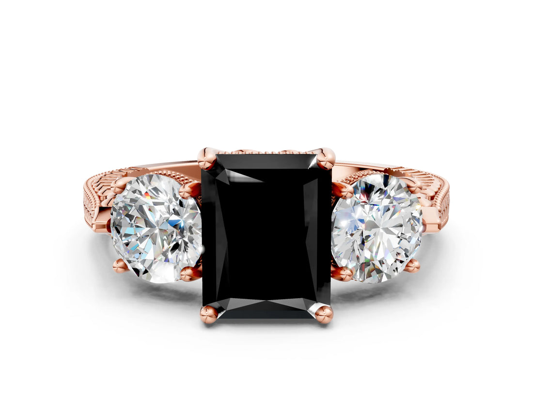 Rose gold Three-Stone Fancy Black Radiant Cut Cut Milgrain Band Prong Setting Ring_6