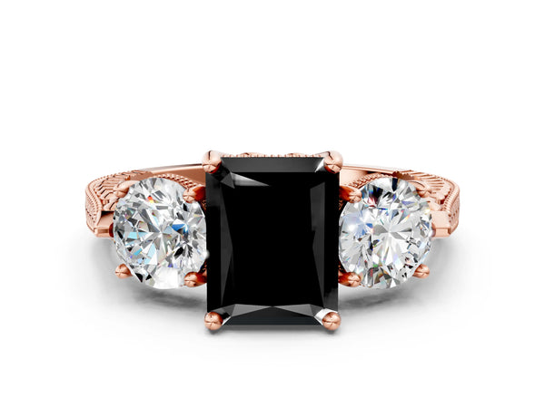 Rose Gold Radiant Cut Vintage Three Stone Engagement Ring Setting for Black Center
