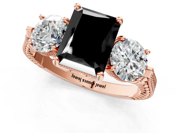 Rose Gold Radiant Cut Vintage Three Stone Engagement Ring Setting for Black Center
