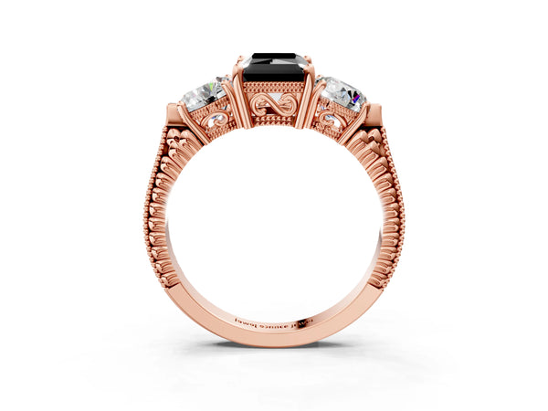 Rose Gold Radiant Cut Vintage Three Stone Engagement Ring Setting for Black Center