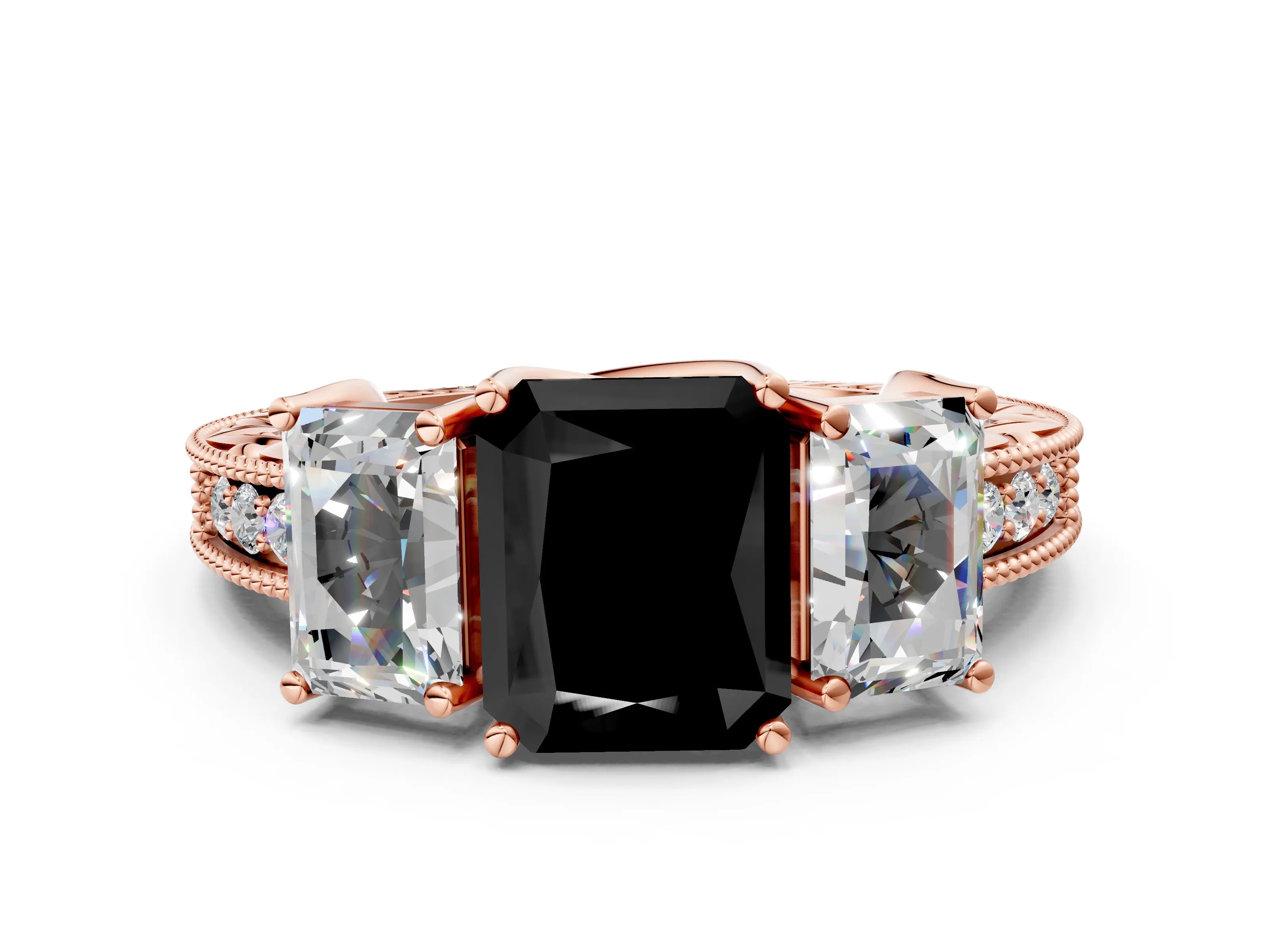 Rose gold Three-Stone Fancy Black Radiant Cut Cut Milgrain Pavé Engagement Ring