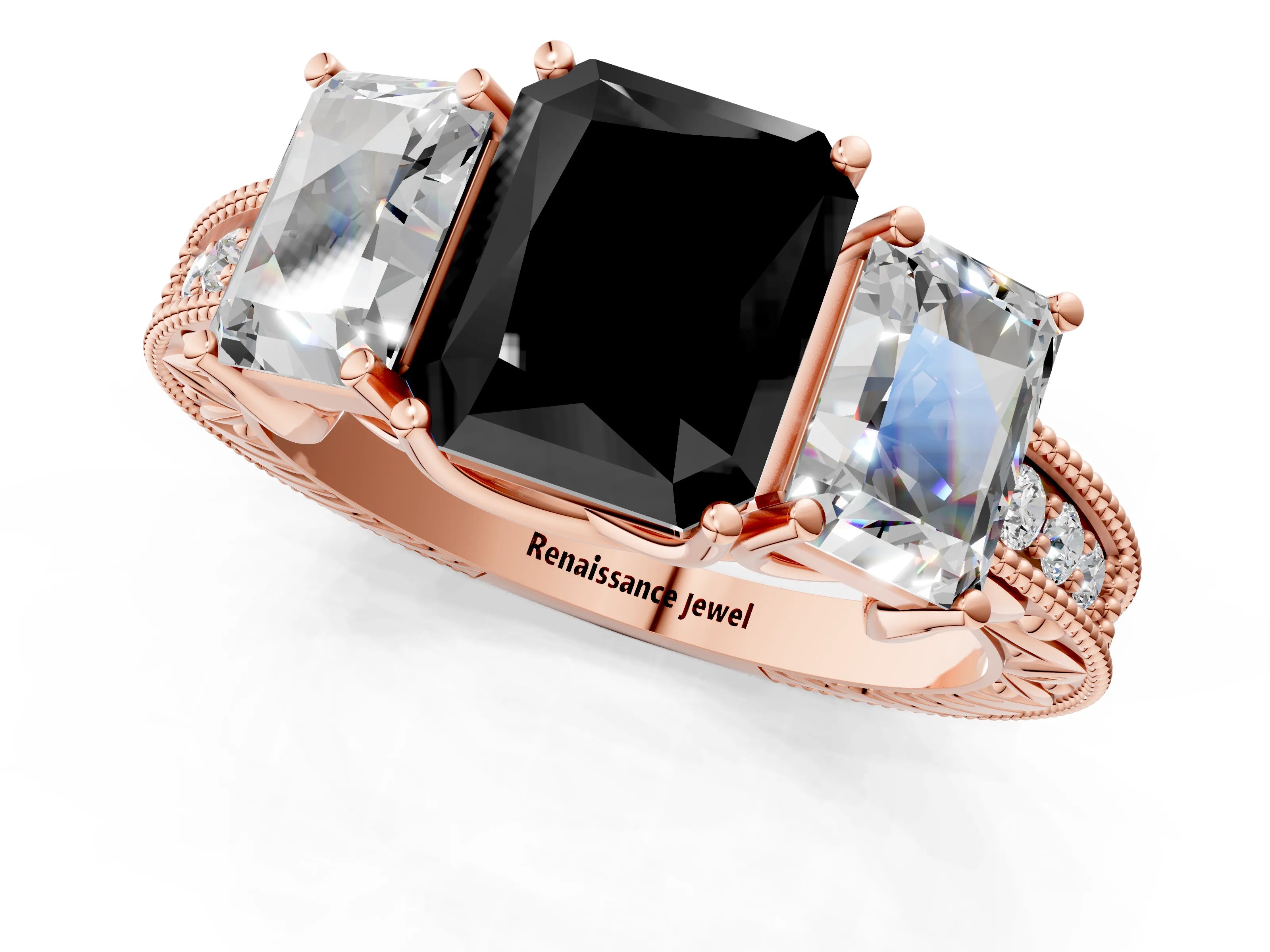 Rose gold Three-Stone Fancy Black Radiant Cut Cut Milgrain Pavé Engagement Ring_1