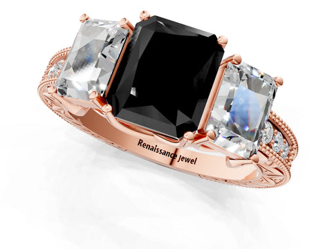 Rose gold Three-Stone Fancy Black Radiant Cut Cut Milgrain Pavé Engagement Ring_13
